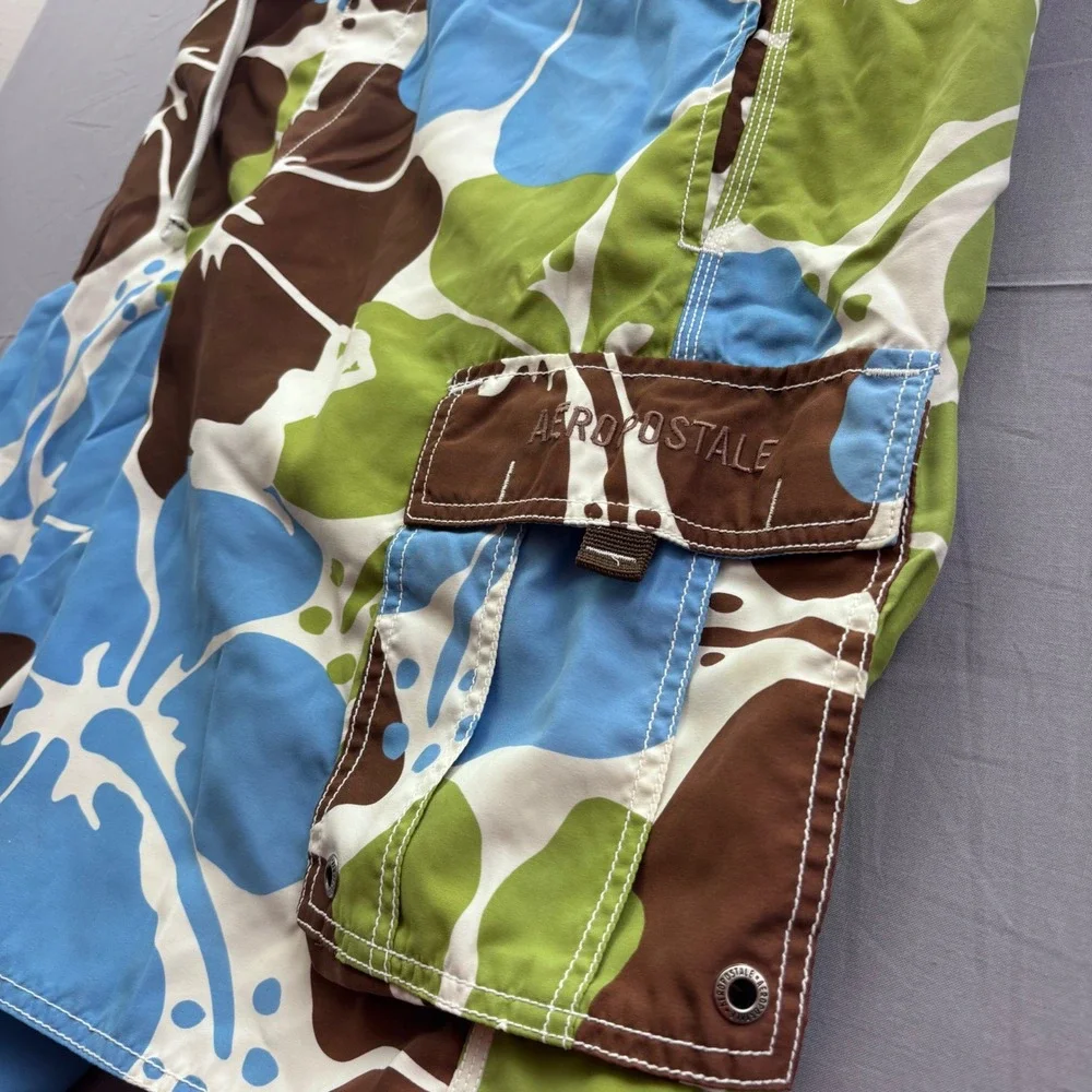Aeropostale Mens Board Shorts Blue Brown Green Hibiscus Floral Cargo Trunks M